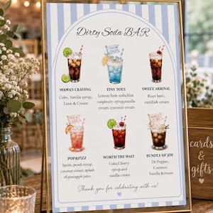 May include: A vertical rectangular sign in a gold frame with a light blue and white striped border. The sign is titled Dirty Soda BAR and features illustrations of six drinks with names and ingredients listed below each, ending with Thank you for celebrating with us!