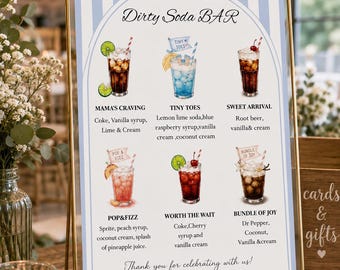 Szablon znaku Dirty Soda Bar | Przepis na napój na baby shower | Menu koktajli bezalkoholowych na baby shower | Edytowalne menu na Baby shower Canva | Menu she's ready to pop