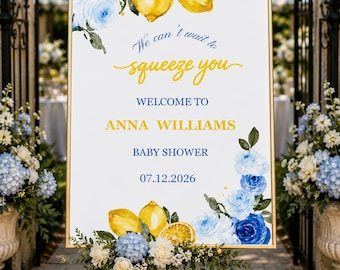 Cytrynowy znak powitalny na baby shower – niebieski kwiatowy plakat główny