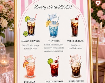 Znak „Brudny bar z napojami gazowanymi” | Różowy szablon menu na baby shower | Menu na baby shower dla dziewczynek | Menu koktajli bezalkoholowych do druku | Jest gotowa otworzyć brudny bar z napojami gazowanymi