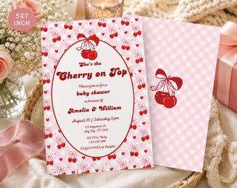 She's the Cherry on Top Baby Shower Invitation, Red Cherry Coquette Bow Invite, Pink Gingham Preppy Shower Card, Editable Template Canva