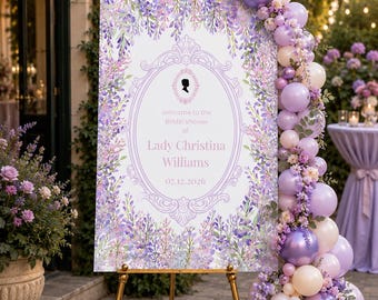 Regency Bridal Shower Welcome Sign, Watercolor Wisteria Garden Party Decor, Vintage Cameo Silhouette Floral Poster, Editable Template