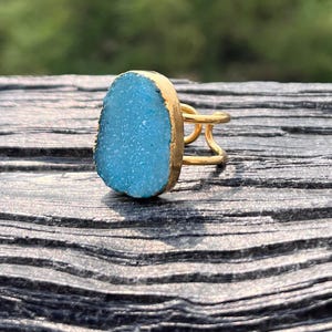 Gold Plated Brass Agate Druzy Ring: Adjustable Raw Crystal Double Band