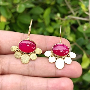 Gold Plated Fuchsia Chalcedony Drop Earrings, Oval Gemstone Jewelry
