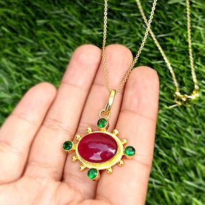Ruby Jade with Emerald Quartz Pendant: 18k Gold Plated Raw Gemstone Handmade Jewelry