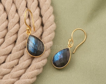 Gold Plated Teardrop Labradorite Earrings, Rainbow Flash Gemstone Dangles