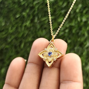 Vintage Filigree Clover Necklace: Ruby Quartz, Blue Chalcedony, or Turquoise CZ Pendant, 18k Gold Plated Boho Chic Jewelry Gift