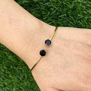 Gold Plated Lightweight Cuff Bangle: Hexagon Shaped Gemstone, Minimal Adjustable Stackable Jewelry Gift