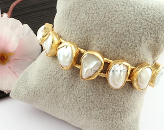 Gold-Plated Brass Cuff Bracelet: Freshwater Pearl Handmade Bangle