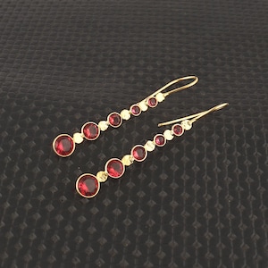 Ruby Quartz Hook Drop Earrings: Gold Plated Long Dangle Earrings, Boho Wedding Jewelry
