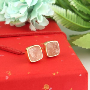 Square Raw Rose Quartz Stud Earrings - Chunky Stud Earrings - 18k Gold Plated Studs - Pink Stone Earrings -Healing Crystal Rough Gemstone