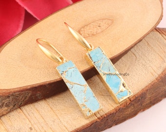 Boucles d'oreilles pendantes barre turquoise Mohave, pendentif plaqué or, bijoux de naissance de décembre