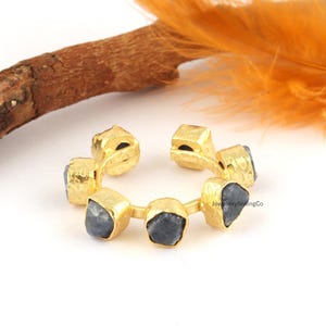 Natural Blue Sapphire Gemstone Ring: 18k Gold Plated Adjustable Stacking Statement Ring