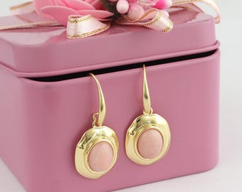 Pink Opal Drop Earrings: 18k Gold Plated, Oval Gemstone