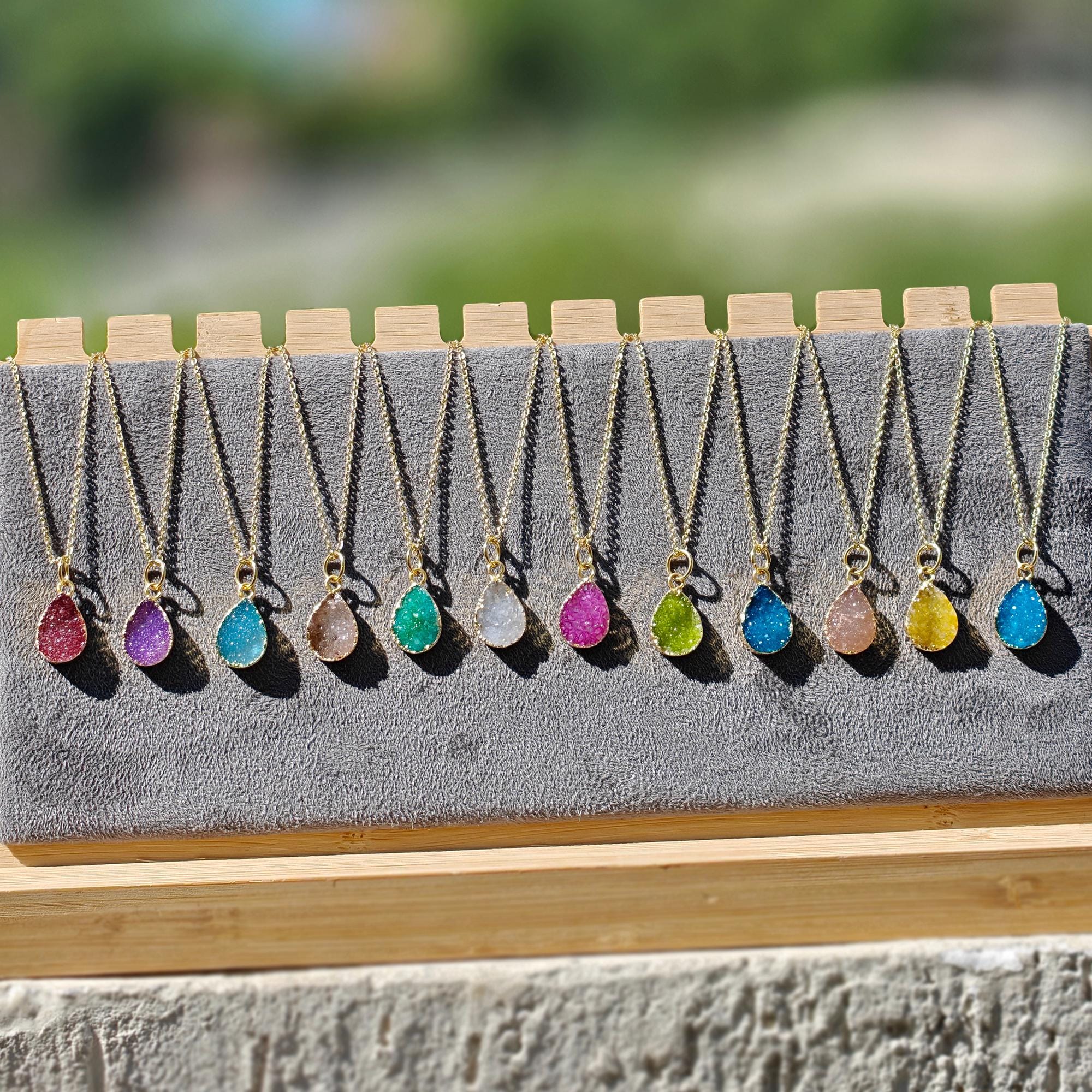 Crystal Agate Druzy Pear Necklace - Gold Electroplated Raw Gemstone Pendant