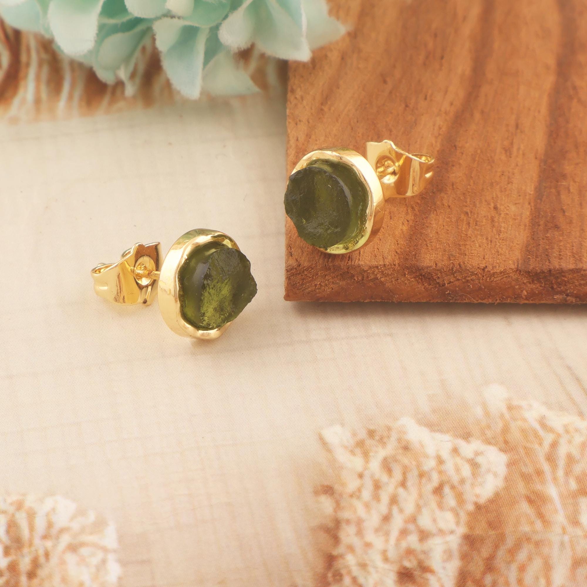 Raw Moldavite Stud Earrings: Gold Plated Gemstone Posts