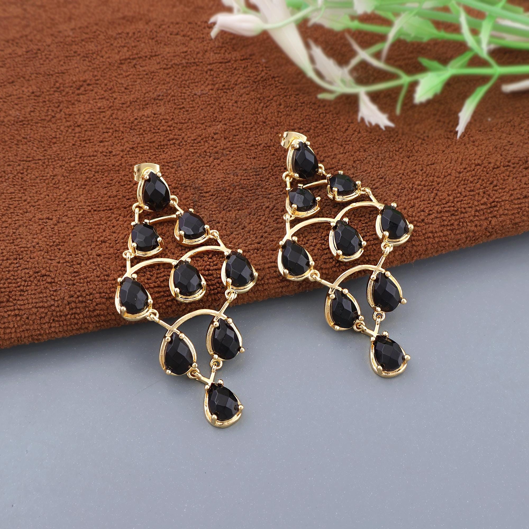 Gold Chandelier Earrings with Teardrop Gemstones: Onyx or Turquoise Statement Dangle Wedding & Party Jewelry