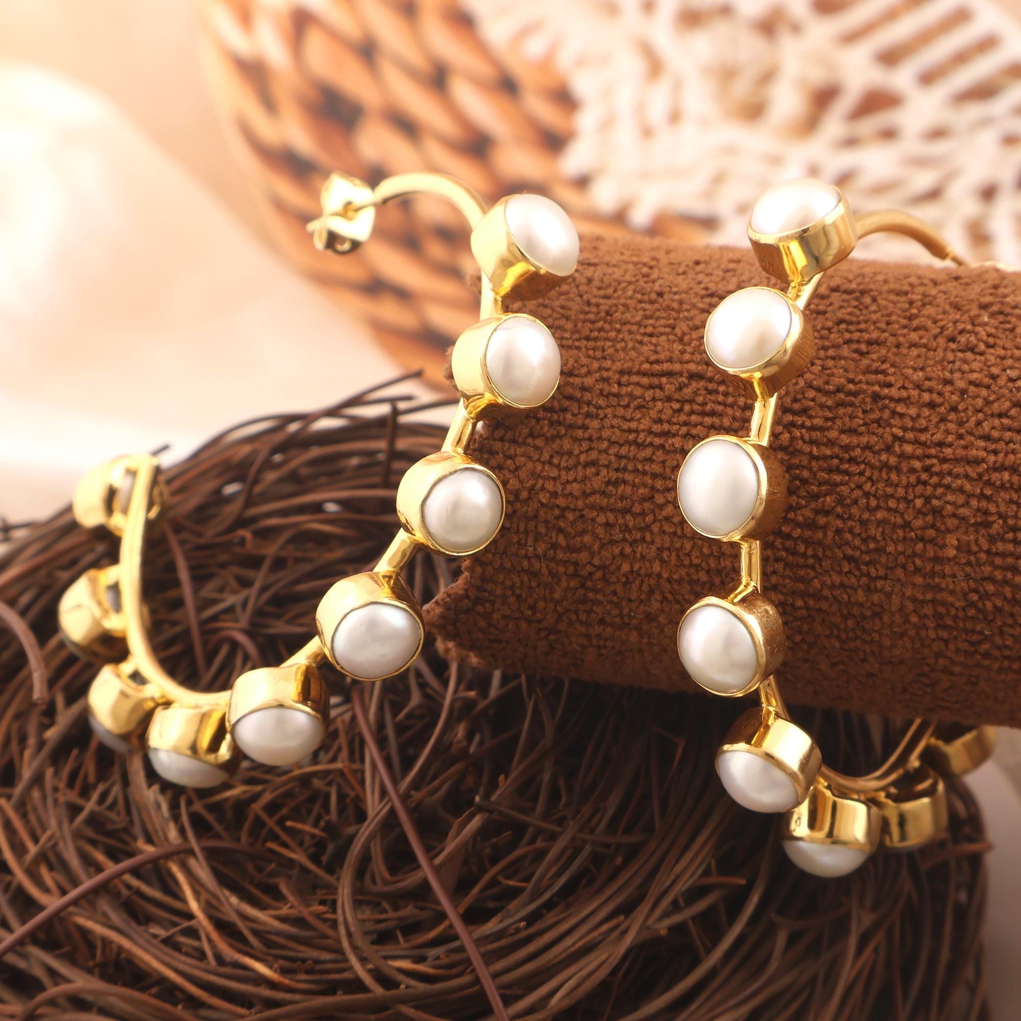 Freshwater Pearl Hoop Earrings: Round Pearl 18k Gold Plated Natural Gemstone Dangle Hoops