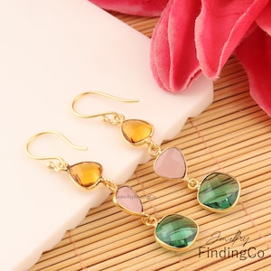 Multi-Color Gemstone Earrings, Three Stone Earring, Dangle Drop Gold Plated Hook Earring, Mother's Day Gift, Brass Handmade Jewelry