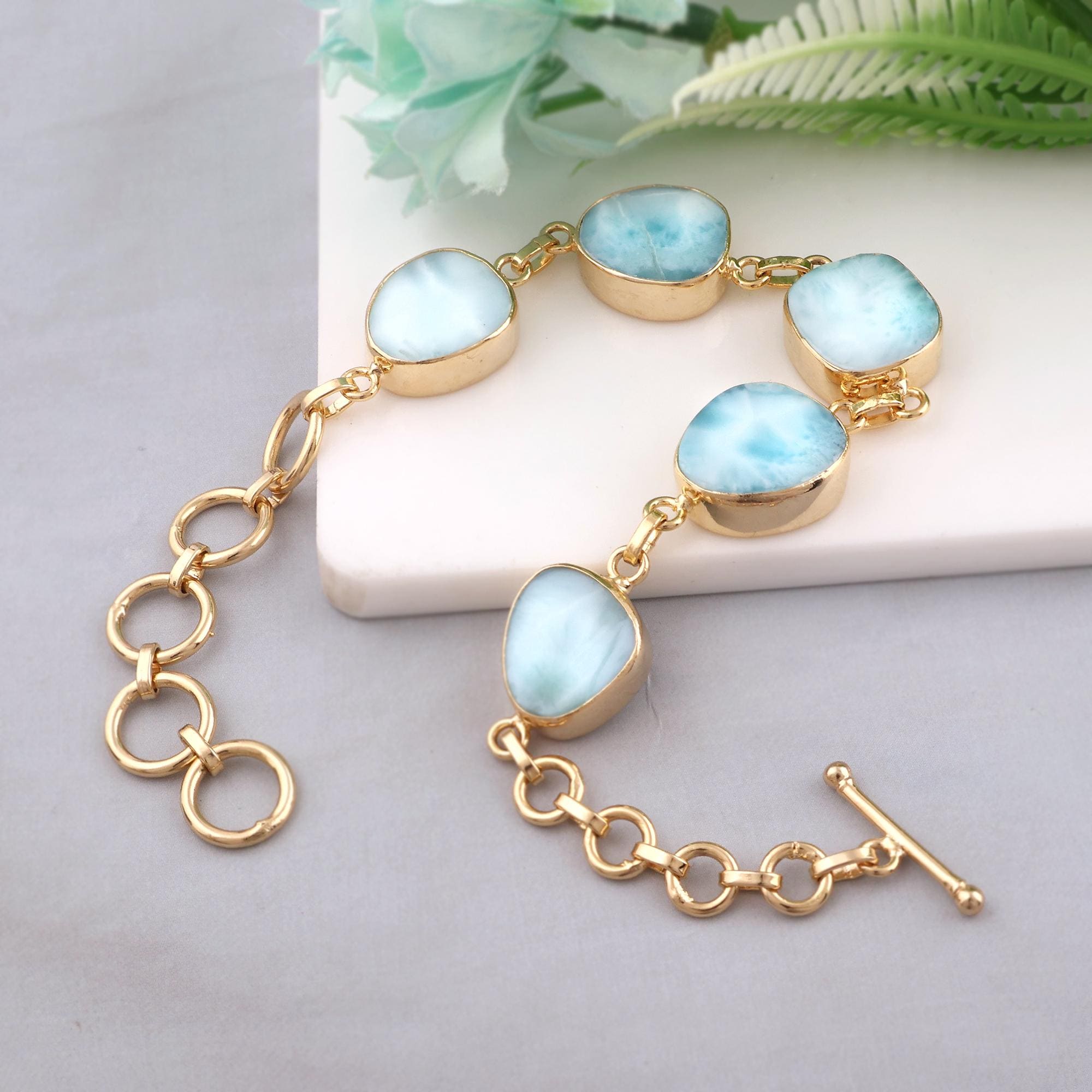 Multi Natural Larimar Gemstone Bracelet - 18k Gold Plated Toggle Clasp Hand Jewelry