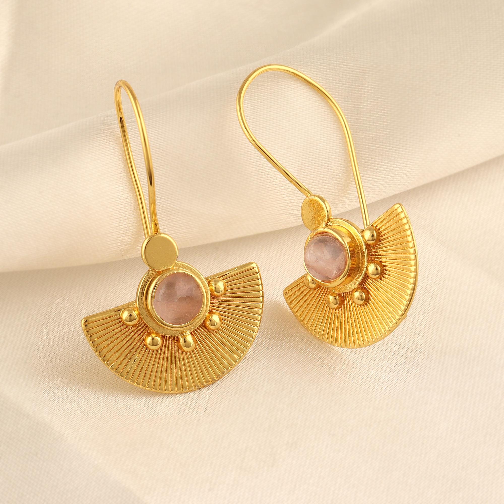 Natural Round Rose Quartz Hook Earrings: Gold Plated Brass