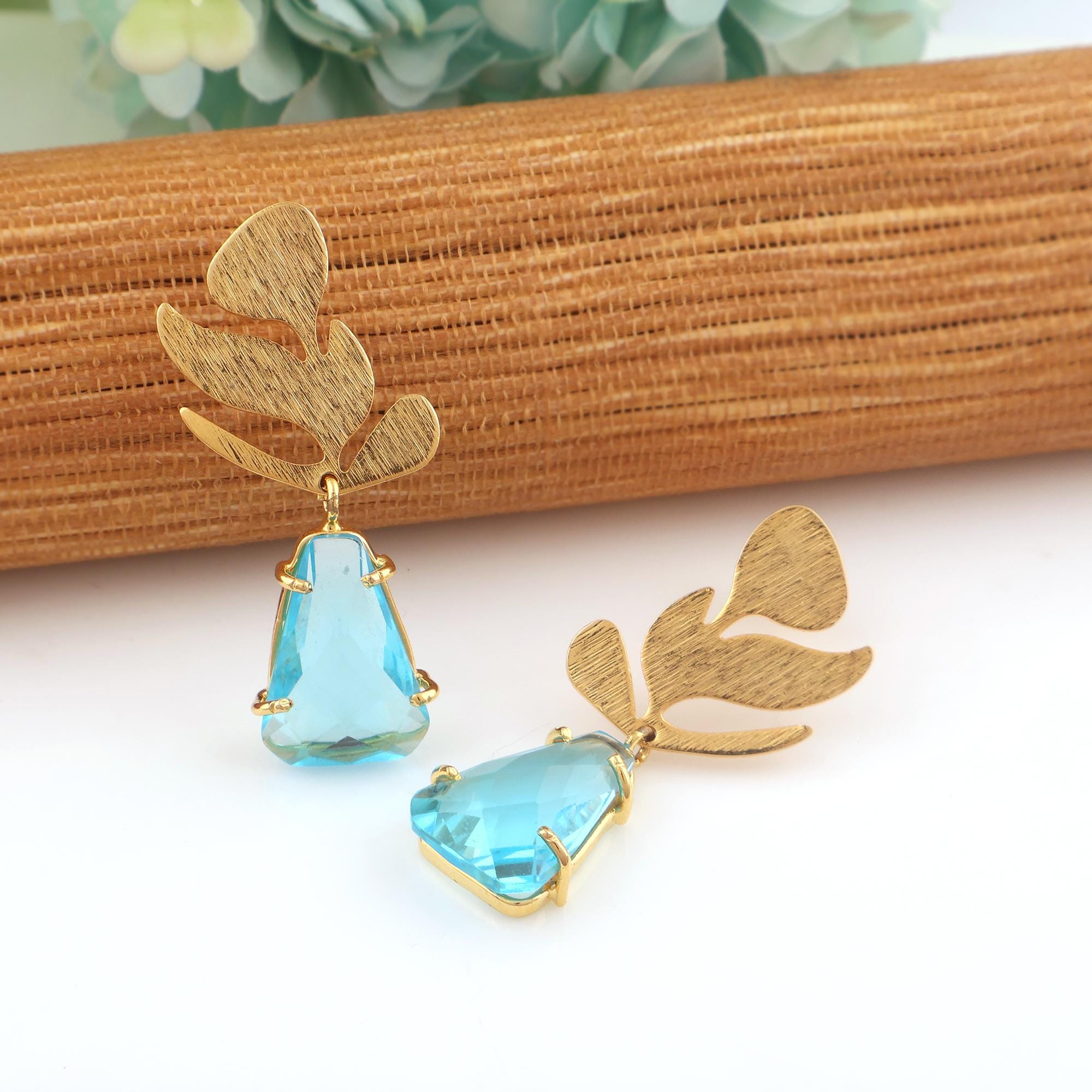 Swiss Blue Quartz Earrings: Gold Leaf Dangle Earrings