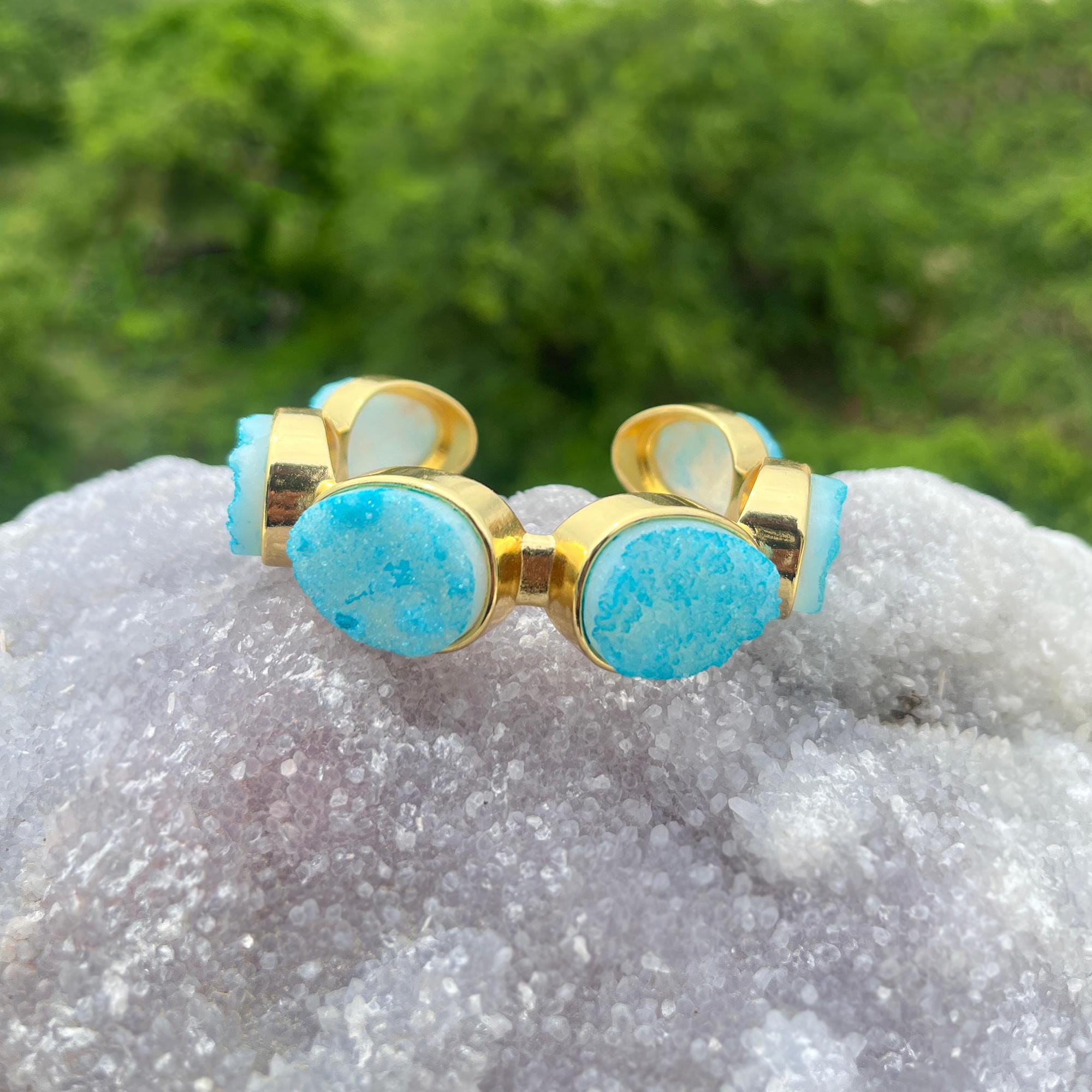 Sky Blue Sugar Druzy Cuff Bracelet - 18k Gold Plated Brass Bangle