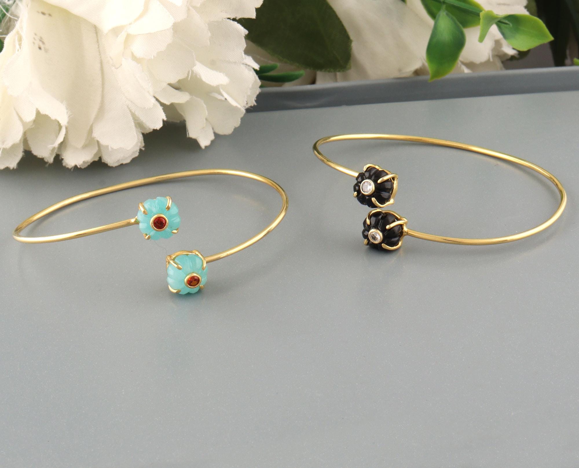 Gold Plated Amazonite or Black Onyx Cuff Bangle: Floral Gemstone
