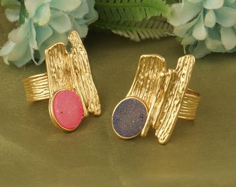 18k Gold Textured Adjustable Druzy Rings – Handmade Statement Rings with Pink and Blue Gemstone