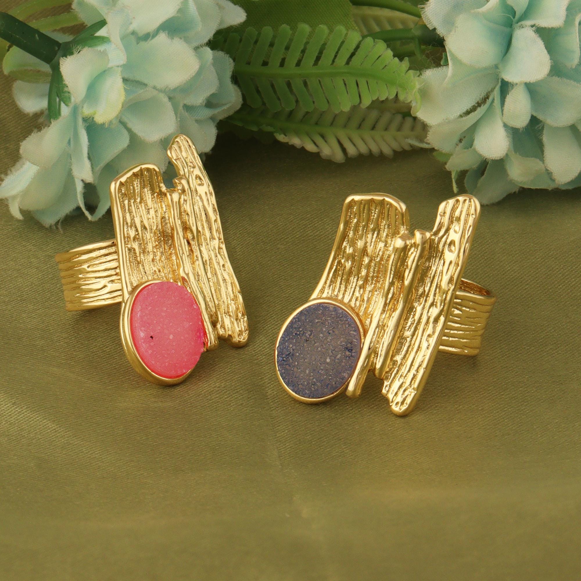 18k Gold Textured Adjustable Druzy Rings – Handmade Statement Rings with Pink and Blue Gemstone