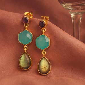 Multi Stone Drop Earrings - Amethyst, Labradorite Earrings - 18k Gold Plated Stud Dangle Earrings, Handmade Long Earrings for Women