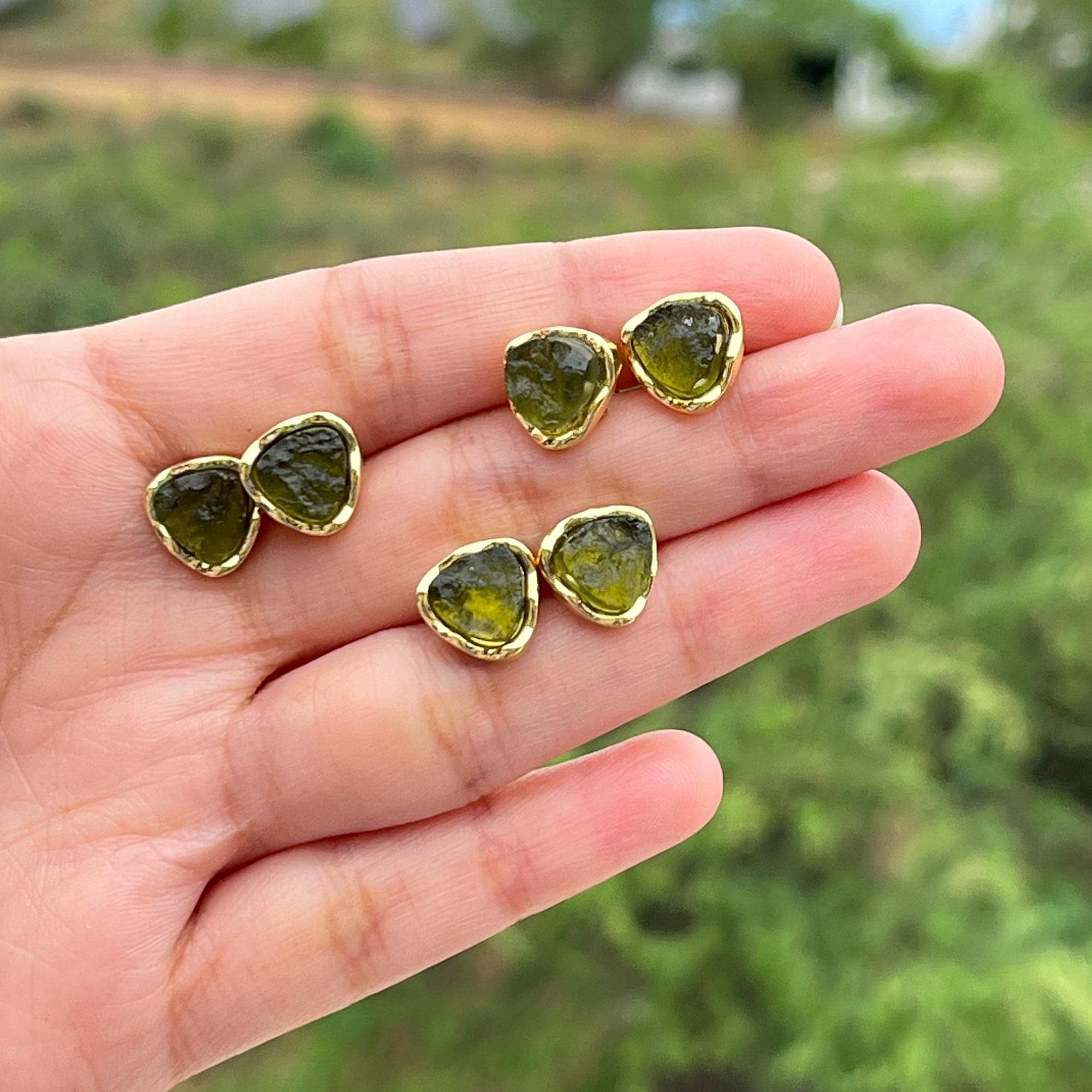 18k Gold Plated Raw Moldavite Trillion Stud Earrings: Bohemian Crystal Jewelry
