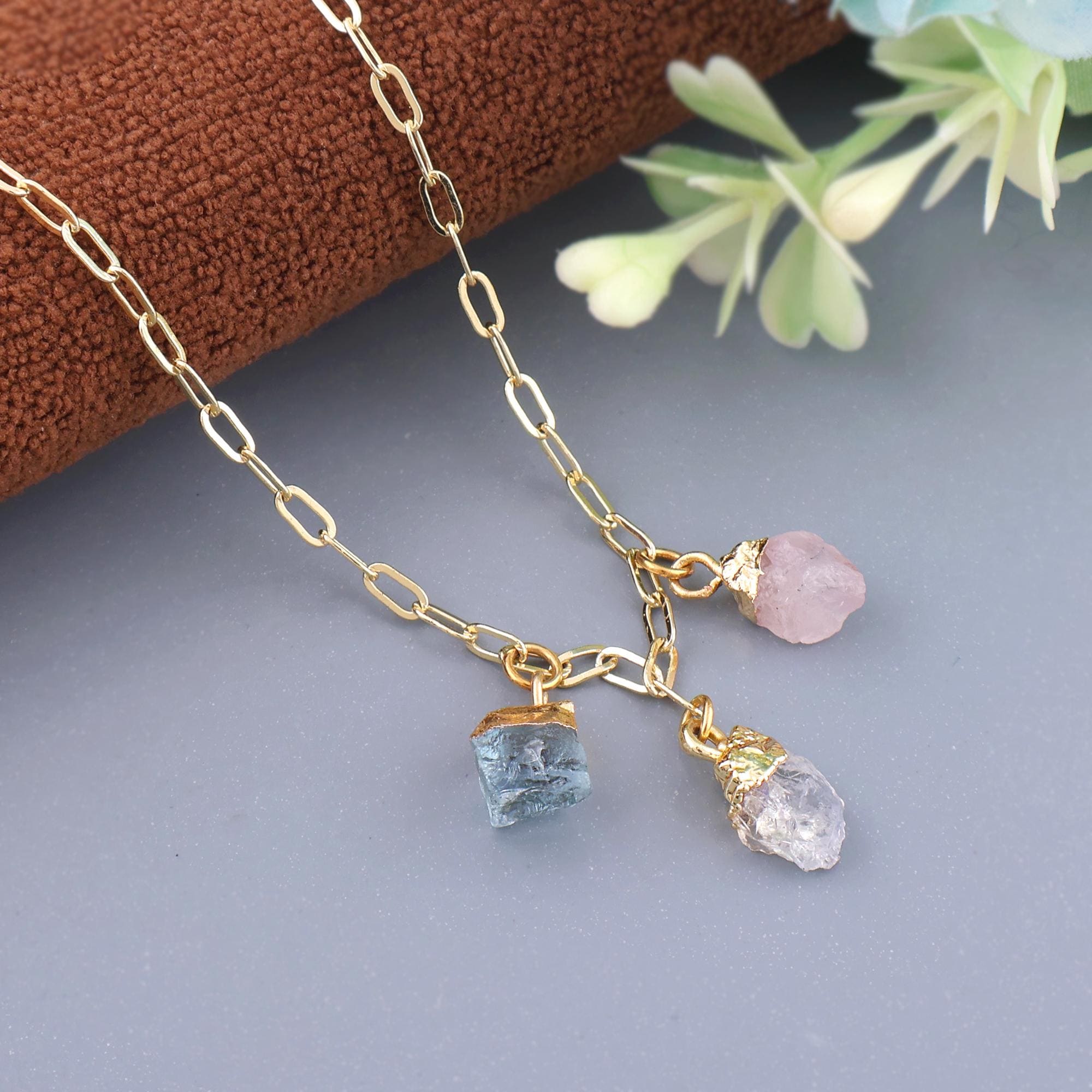Gold Plated Brass Triple Rough Stone Options: Layered Boho Chain Dainty Statement Necklace