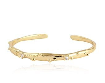 Bracelet manchette plaqué or : Bracelet jonc réglable en laiton avec zircone cubique