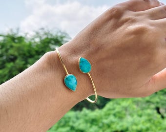 Gold Plated Cuff Bangle: Dual Turquoise Teardrop Boho Bracelet
