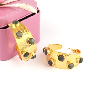 Hoop Gold Plated Labradorite Gemstone Earrings - Trendy Handmade Hoops for Her - Unique Labradorite Jewelry - Gift for Women