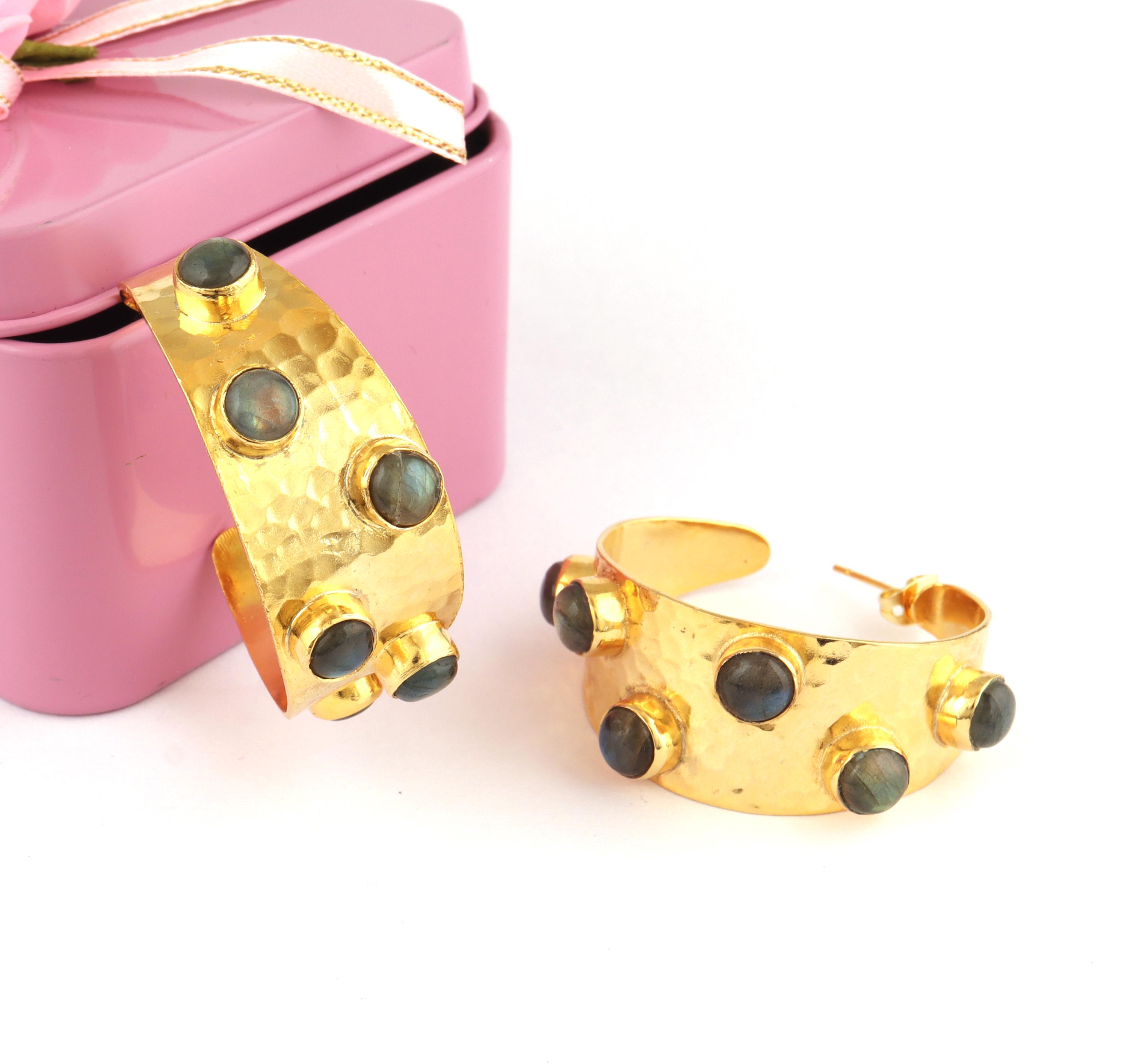 Gold Plated Labradorite Hoop Earrings: Handmade Trendy Jewelry