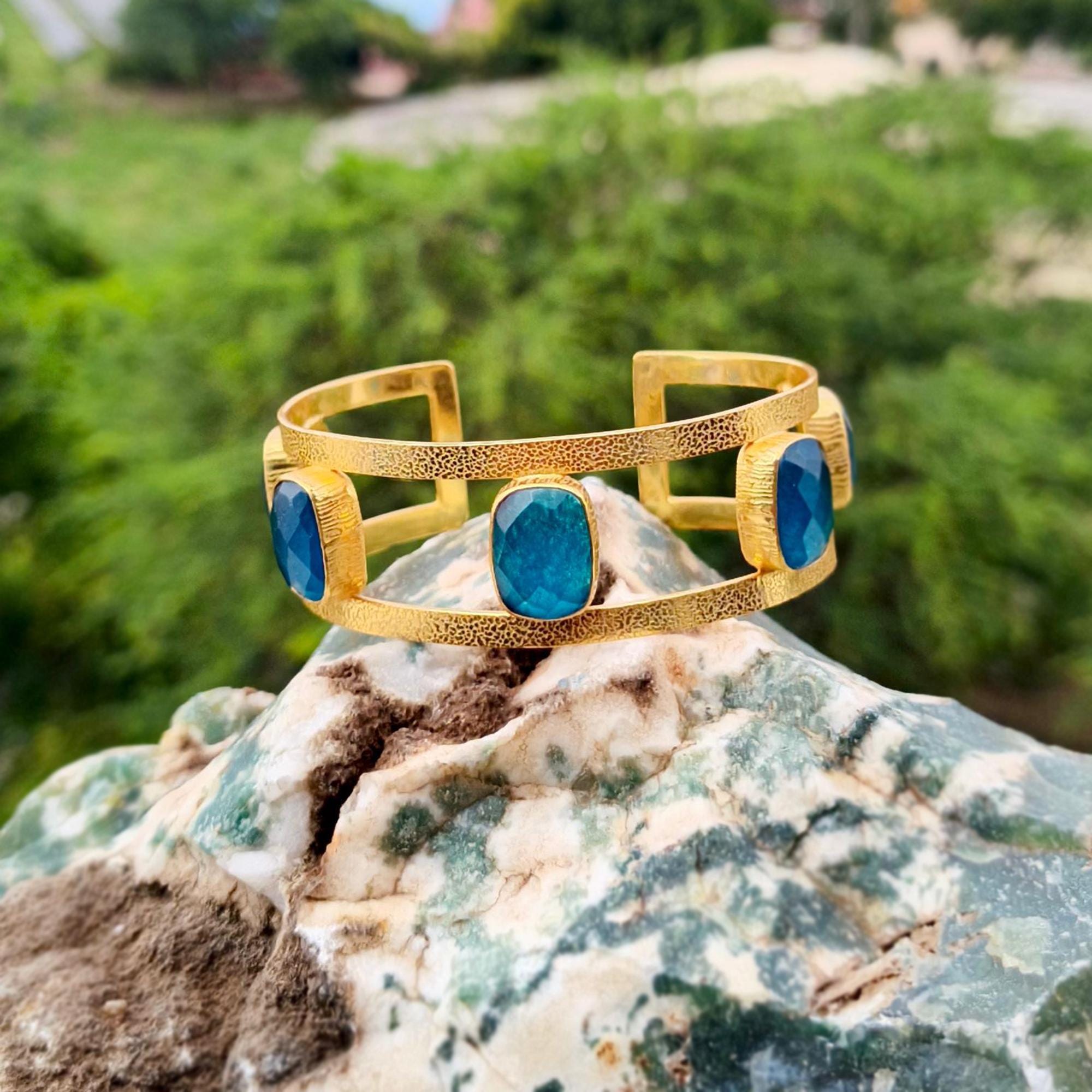 Handmade Gold Plated Cuff Bracelet - Apatite Jade Gemstone Boho Bangle