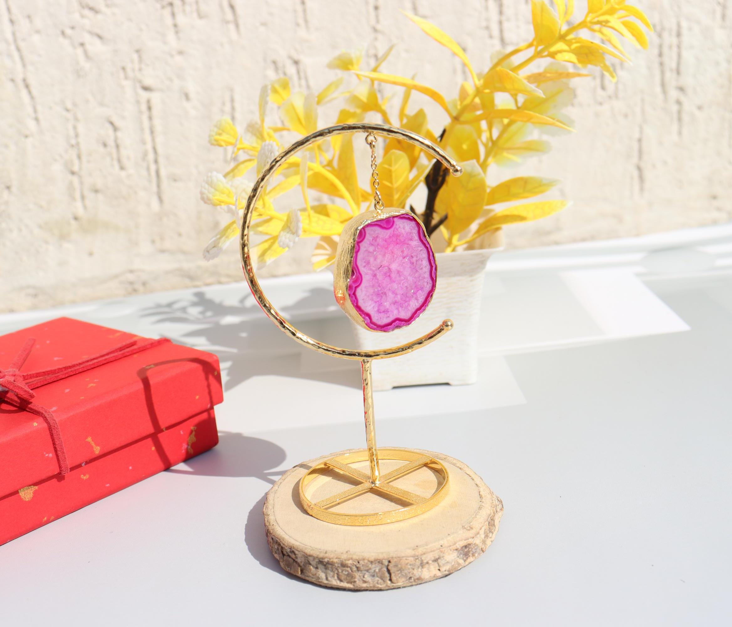 Pink Agate Druzy Geode Display: Gold Plated Brass Crystal Stand Unique Showpiece