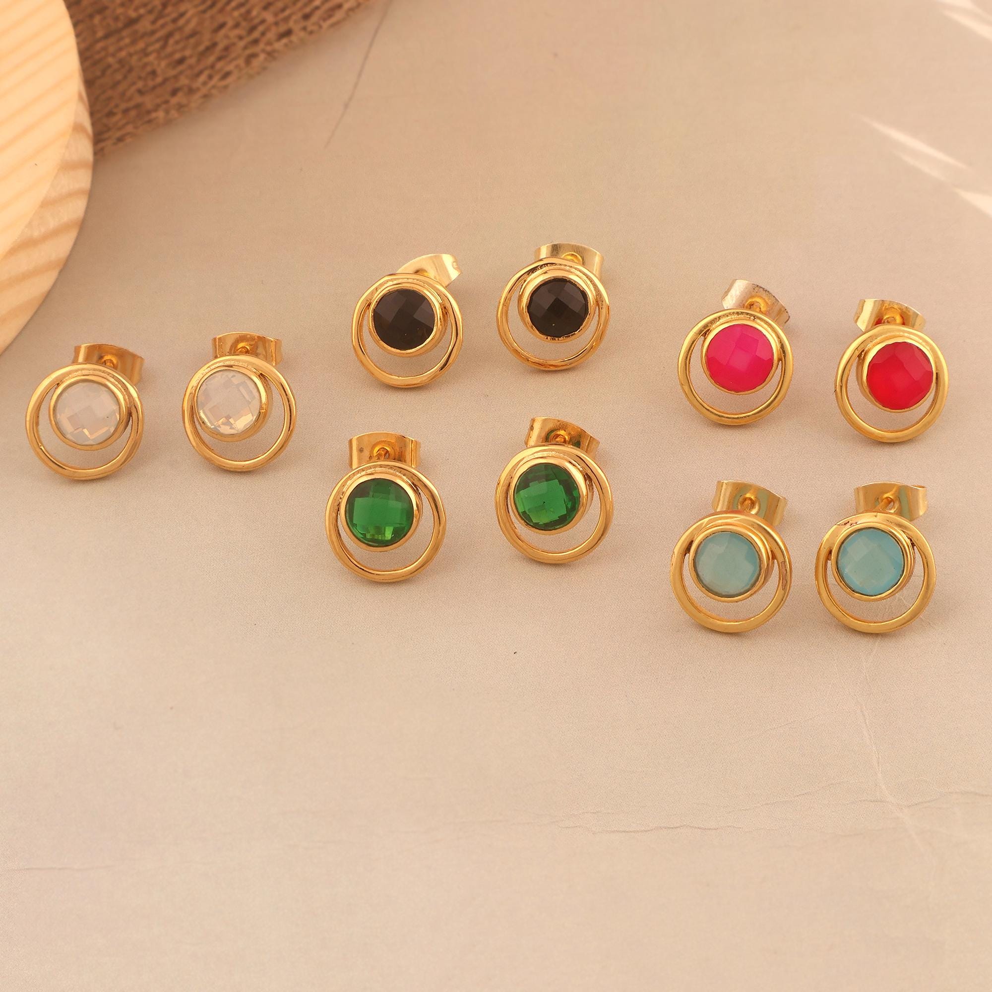 18k Gold Plated Circled Gemstone Stud Earrings: Minimalist Brass Studs