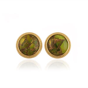 Gold Plated Copper Turquoise Earrings: Round Brass Studs