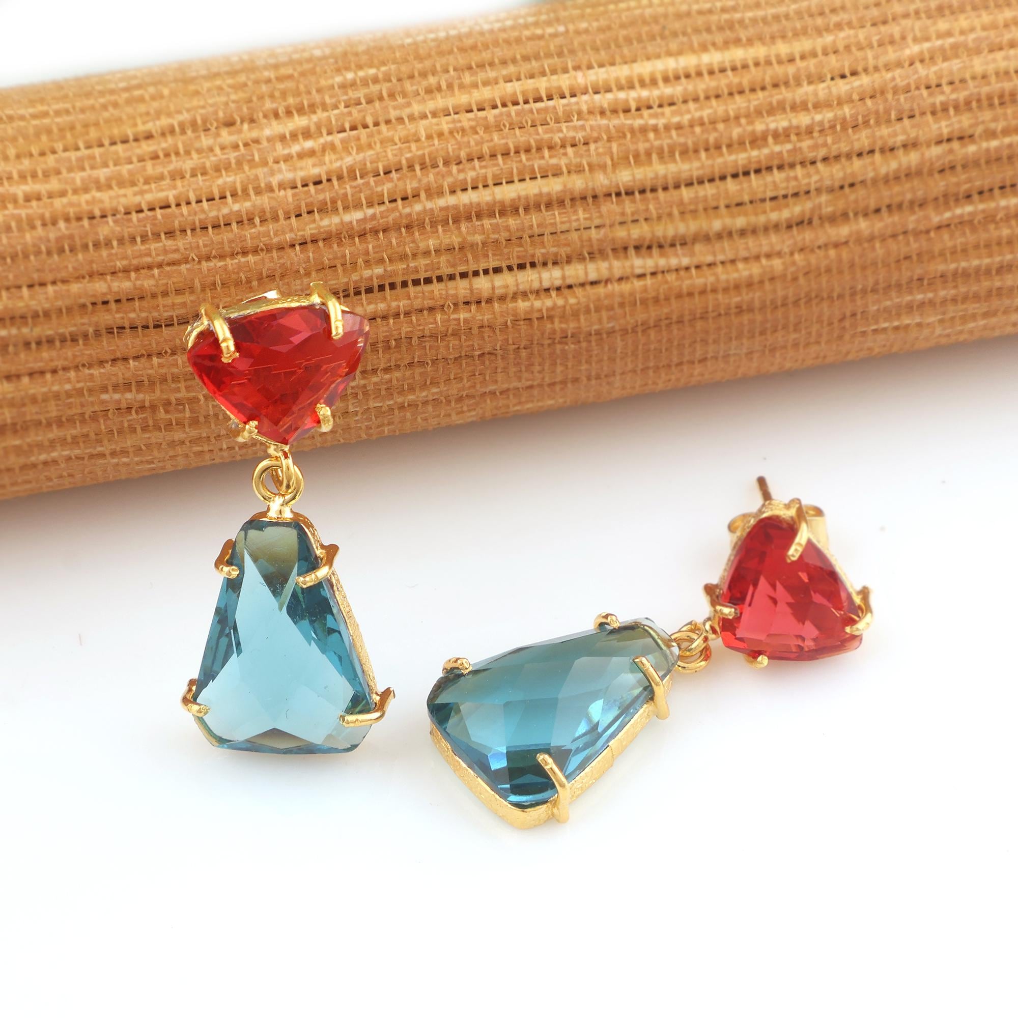 Handmade London Blue Quartz & Red Quartz Gold Plated Earrings