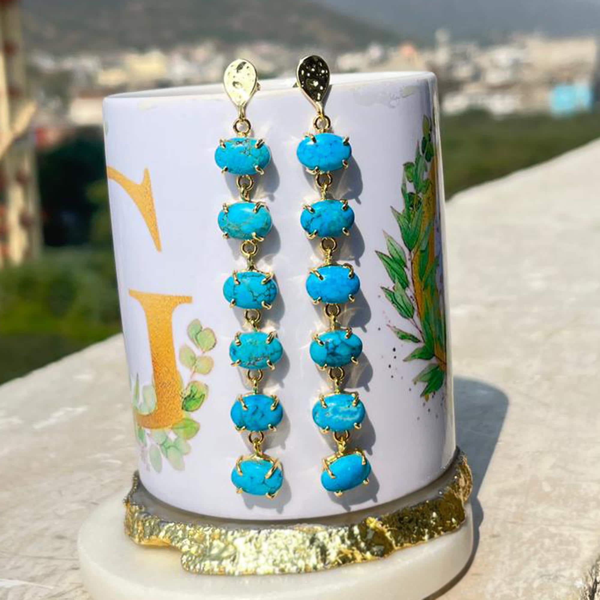 Turquoise Drop Earrings: 18k Gold Plated Brass, Modern Long Dangle Jewelry Gift