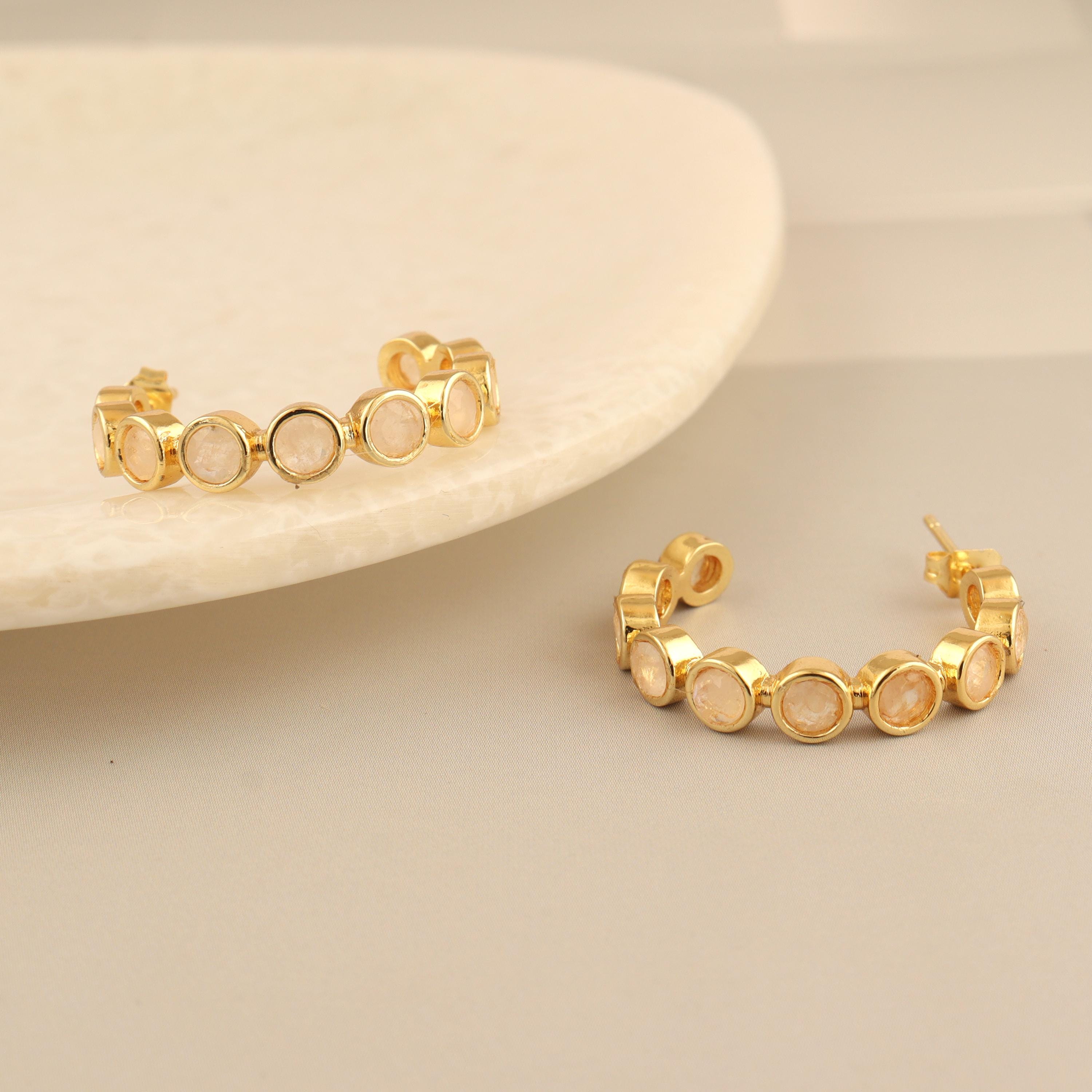 18k Gold-Plated Moonstone Hoop Earrings: Gemstone Studs