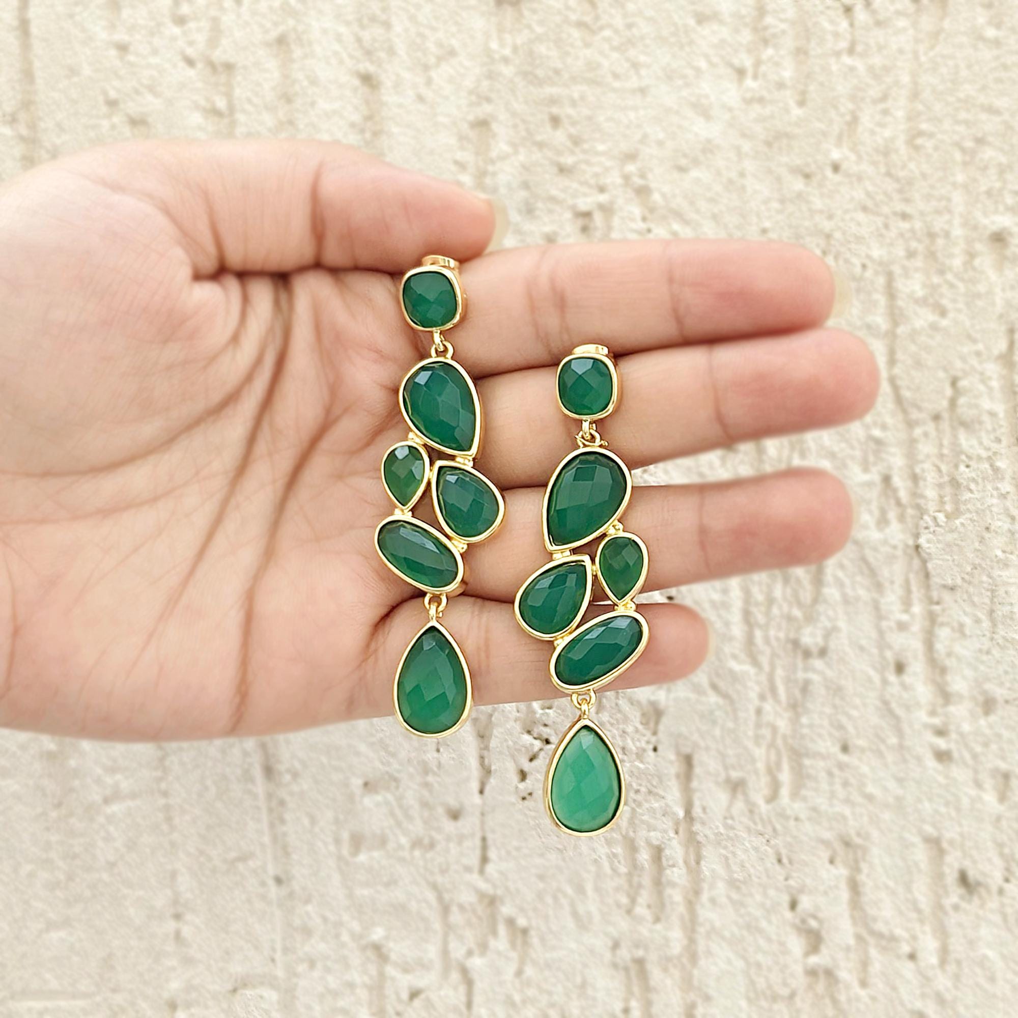 White Moonstone or Green Onyx Long Drop Earrings: Gold Plated Statement Dangles Drops