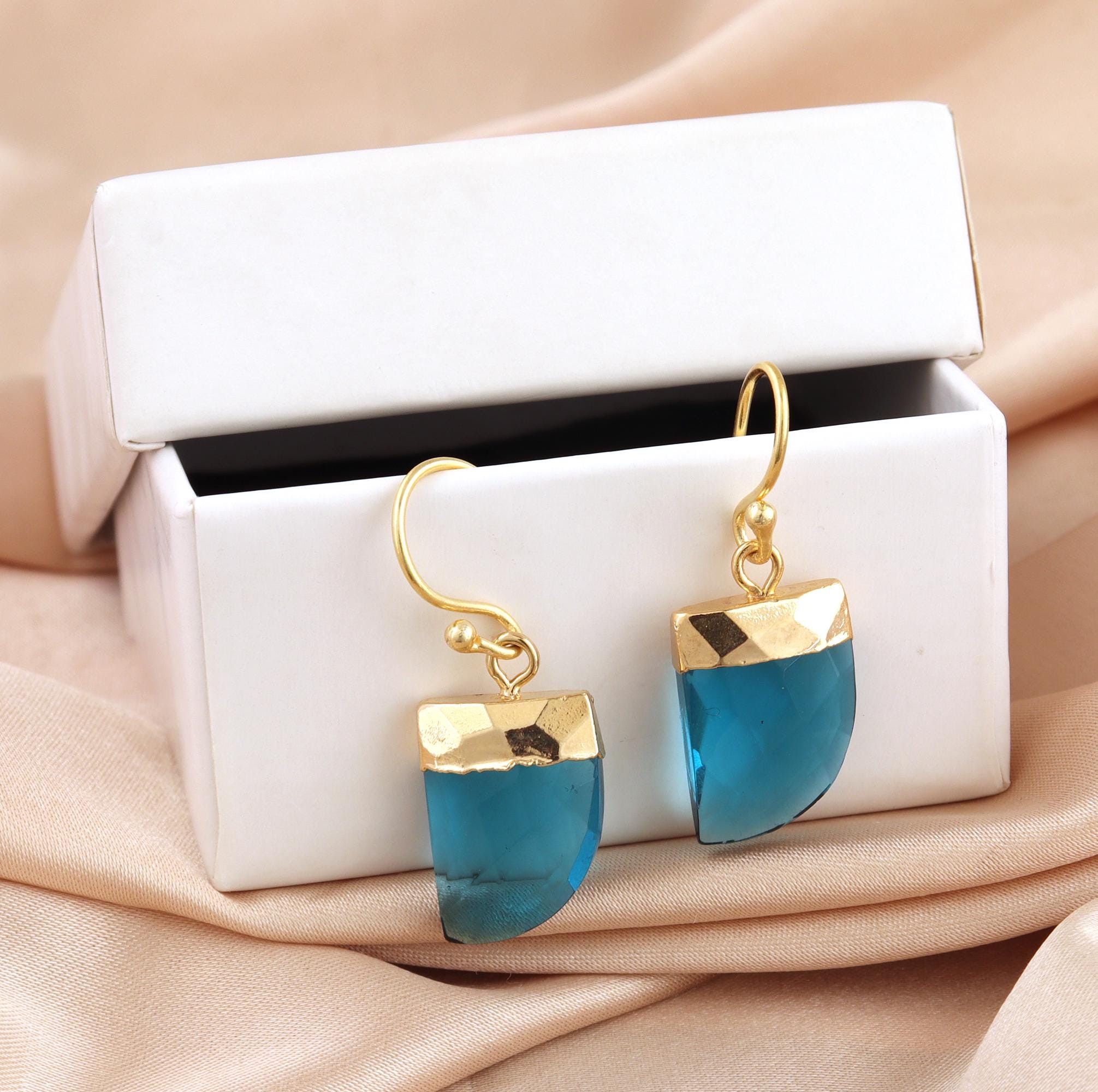 London Blue Quartz Earrings - 18k Gold Plated Nail Shape Gemstone Drops