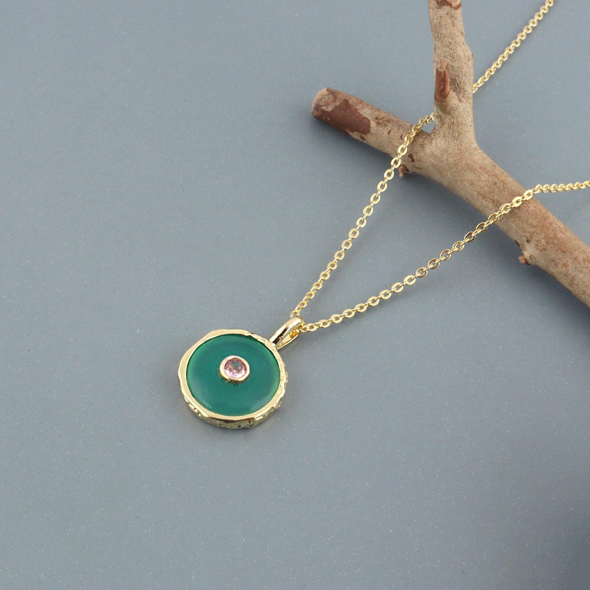 Natural Green Onyx with CZ Pendant Charms: Gold Plated Round Gemstone Necklace