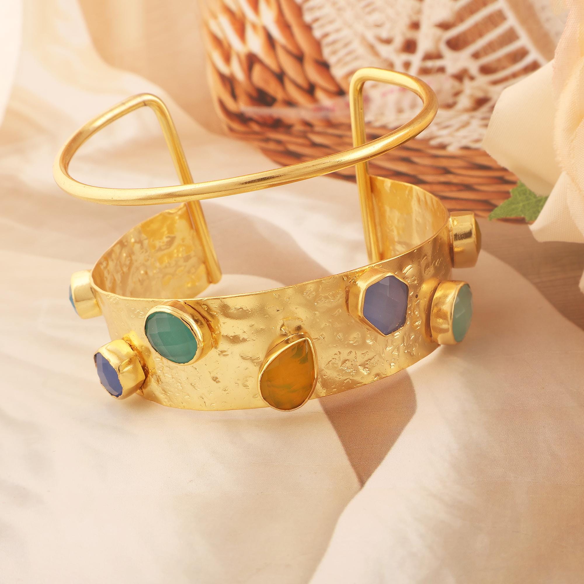 Handmade Gold-Plated Multi Stone Cuff Bracelet: Boho Wedding Bangle