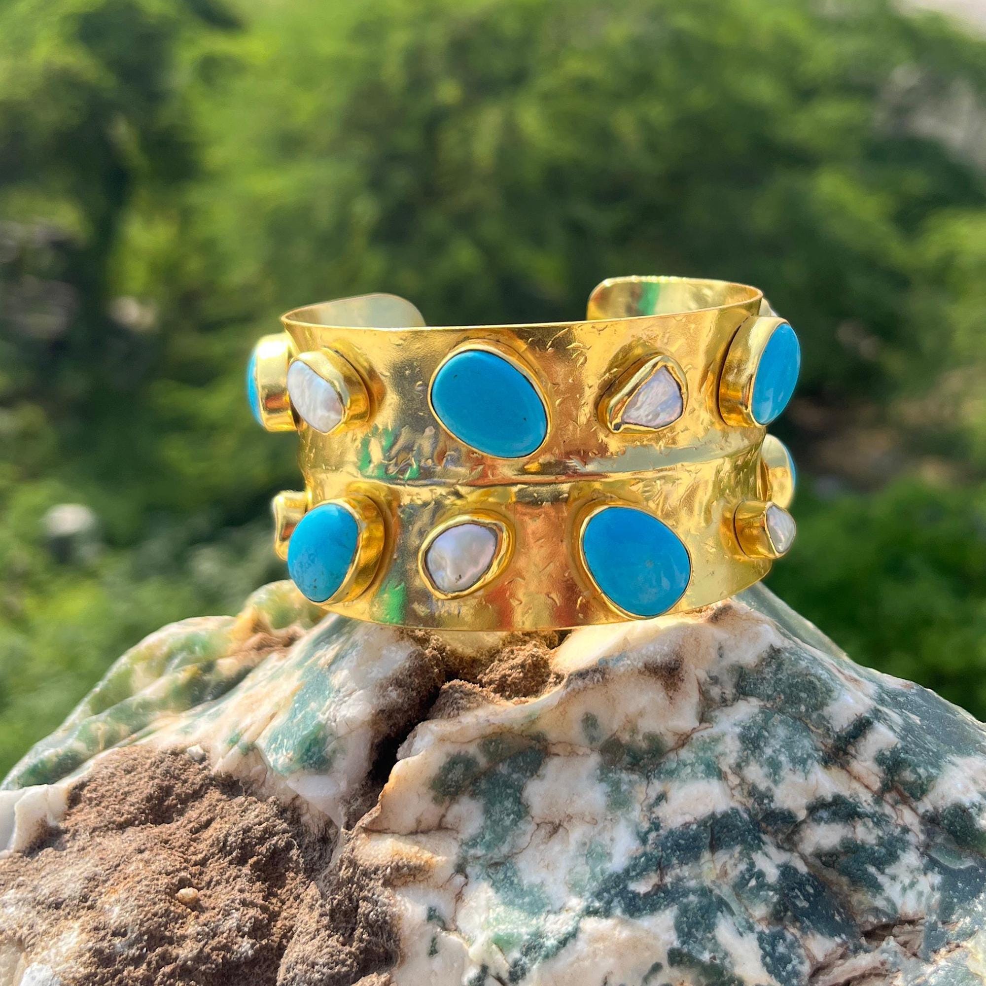 Handmade Textured Gold Cuff Bracelet: Turquoise & Pearl Boho Bangle