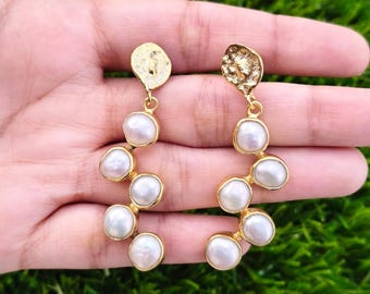 Hammered Gold Plated Baroque Pearl Drop Earrings: Handmade Statement Jewelry for her